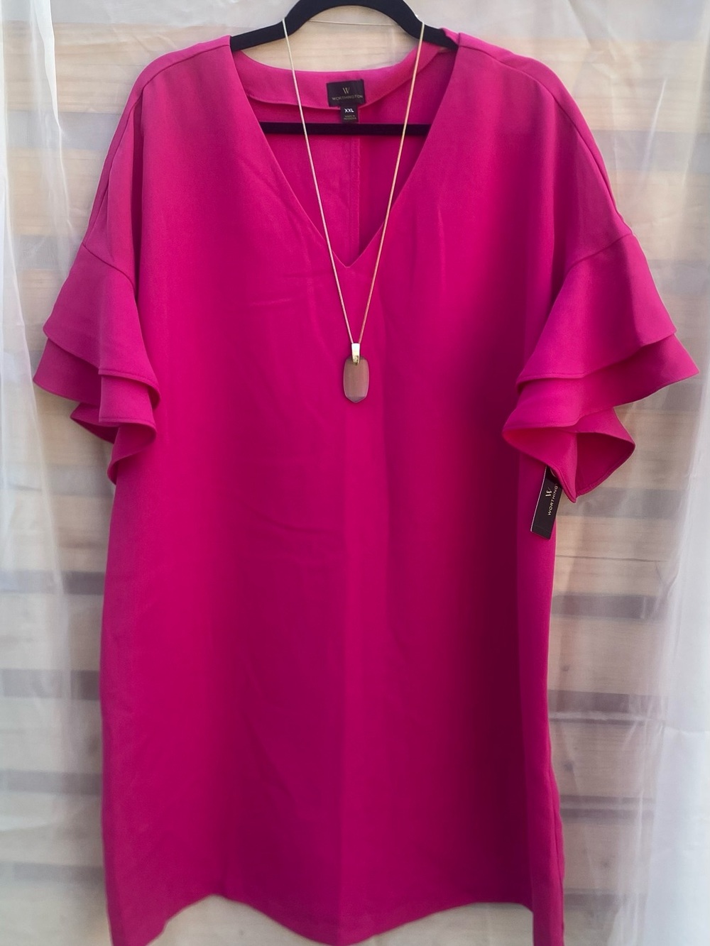 W by Worthington Fuchsia V-Neck Ruffle Sleeve Dress